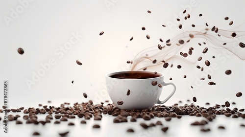 Steaming Cup of Coffee with Scattered Coffee Beans on White Background