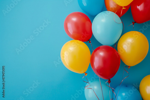 Colorful balloons on blue background with copy space for text, flat lay. Birthday party decoration concept