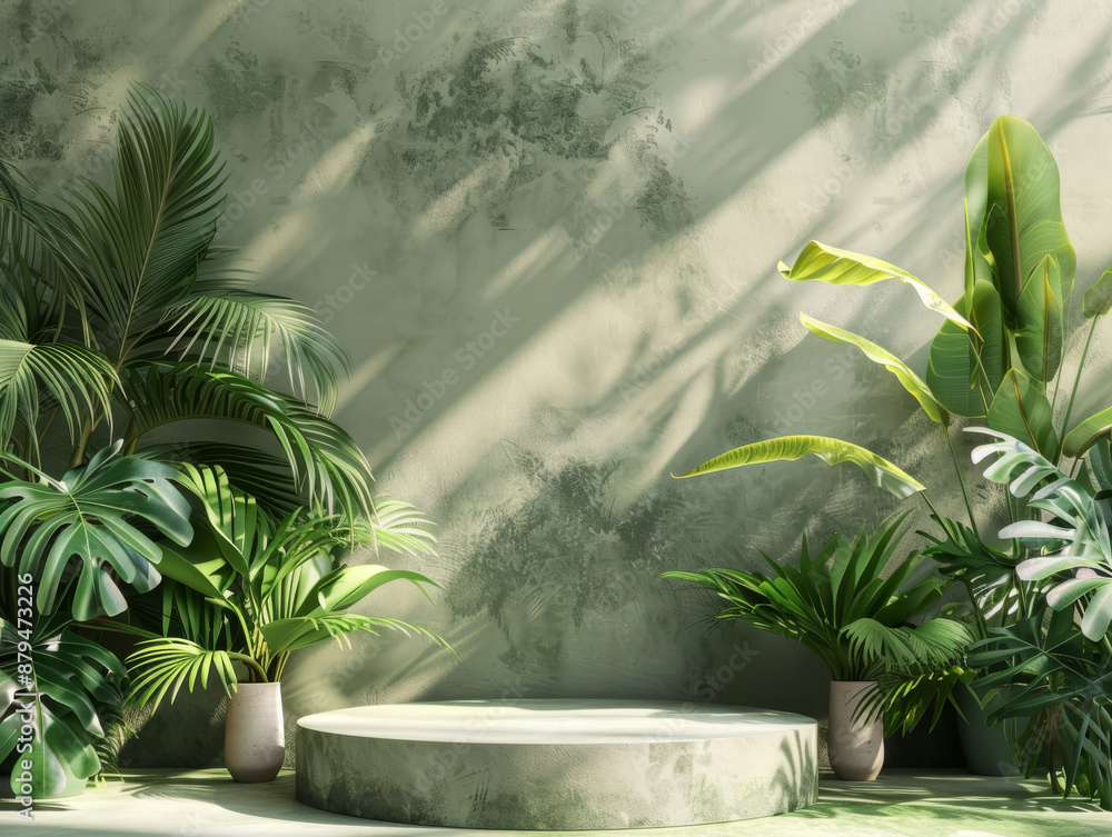 3d render of Round concrete podium surrounded tropical greenery 3d render of Round concrete podium surrounded tropical greenery