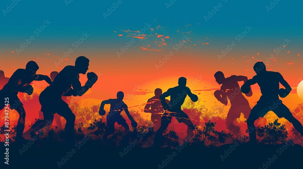 An impactful illustration featuring boxers silhouetted in action against a vibrant sunset background, blending vivid colors to create a powerful and energetic scene. An impactful illustration featuring boxers silhouetted in action against a vibrant sunset background, blending vivid colors to create a powerful and energetic scene.