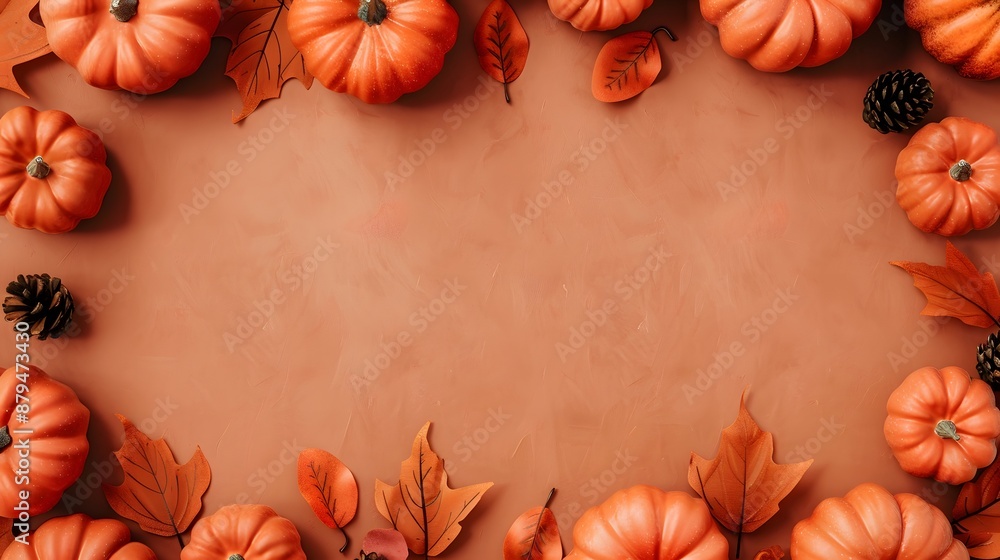 A pumpkin patch with pumpkins and leaves A pumpkin patch with pumpkins and leaves