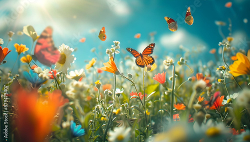 Vibrant butterflies flutter over a colorful wildflower meadow on a sunny day, capturing the beauty of nature in full bloom. © sornram