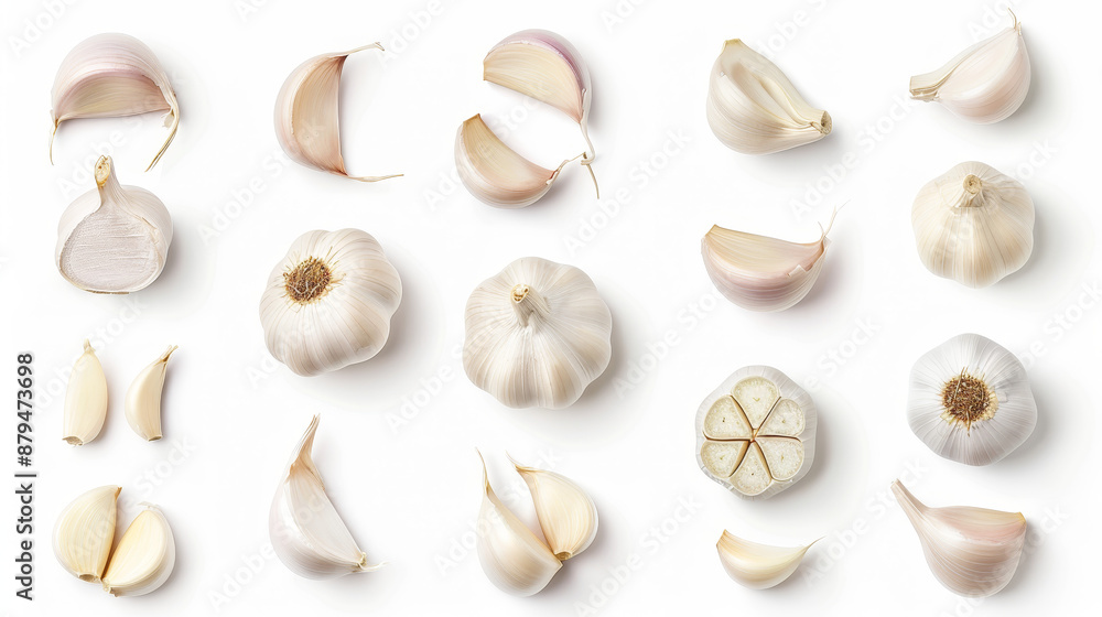 Set of fresh whole and sliced garlics isolated on white background. Top view --ar 16:9 Job ID: 4c40de46-a411-4ddf-b0c0-704a54f5cff5 Set of fresh whole and sliced garlics isolated on white background. Top view --ar 16:9 Job ID: 4c40de46-a411-4ddf-b0c0-704a54f5cff5