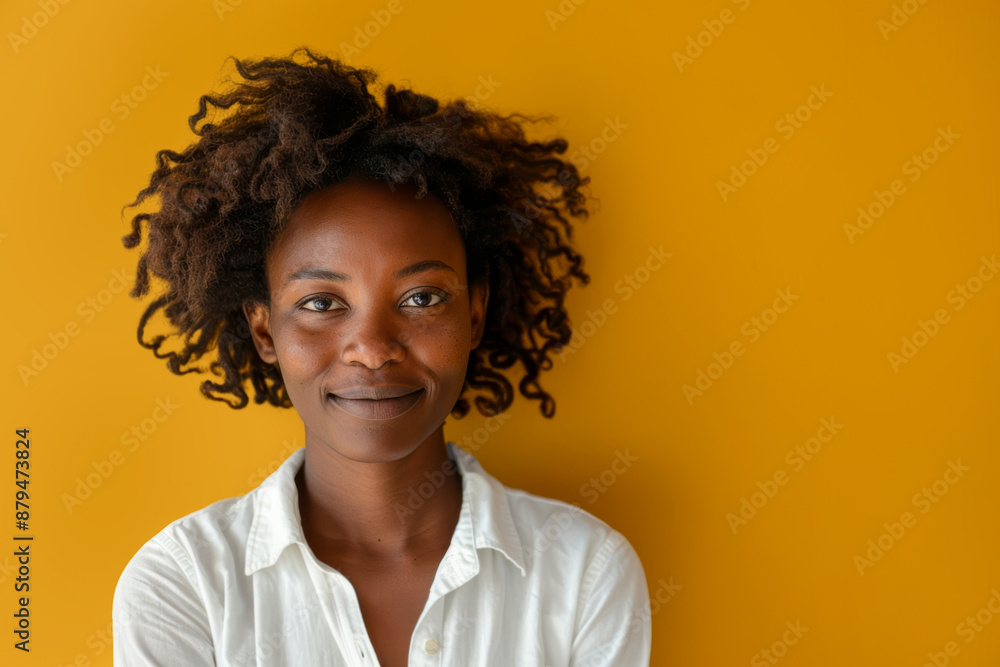 Curly haired woman posing in front of yellow wall. Curly haired woman posing in front of yellow wall.