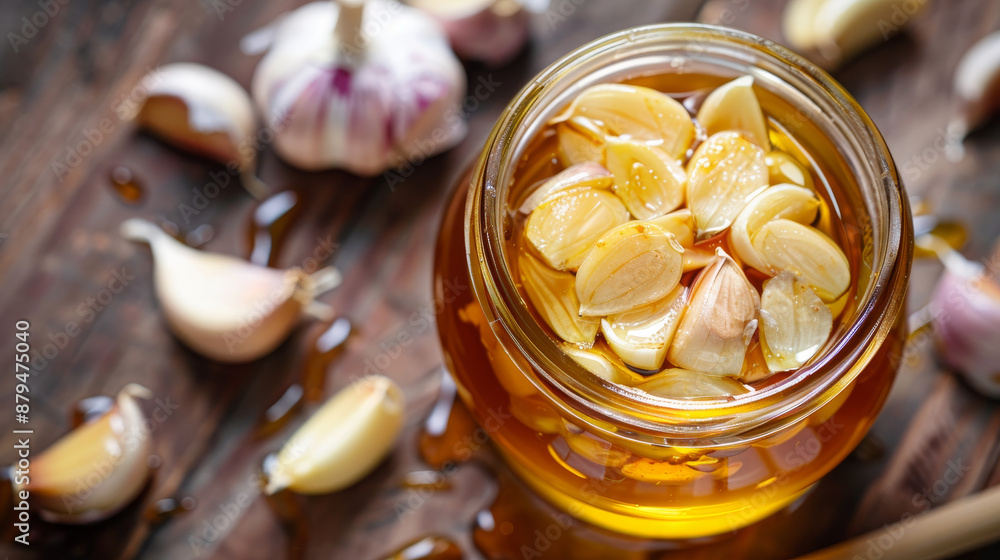 Close-up of sliced garlic cloves in honey, contained in a glass jar. Honey infused garlic. Close-up of sliced garlic cloves in honey, contained in a glass jar. Honey infused garlic.
