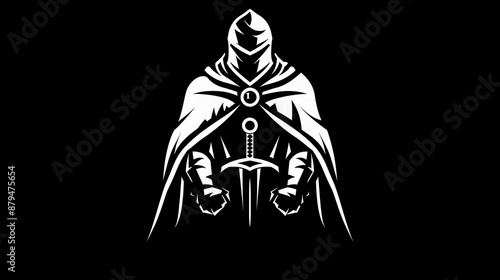 A black background with a white logo outline of a medieval knight holding a sword and shield on a black background.