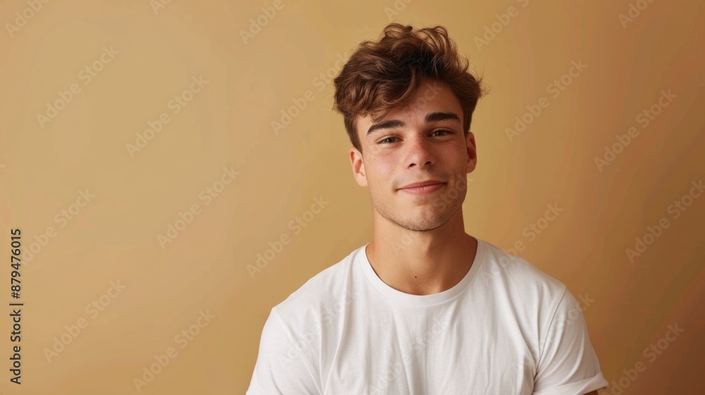 Young handsome man in white tshirt isolated on beige background Young handsome man in white tshirt isolated on beige background