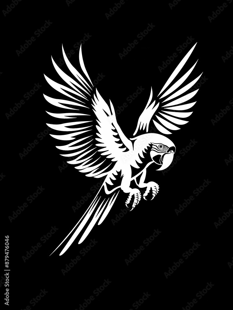 Fototapeta premium An elegant Scarlet macaw outlined in white on a black background, perched gracefully on a branch.