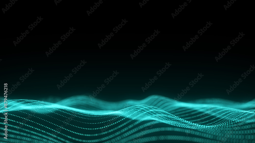 Abstract technology wave with motion glowing dots. Dark cyberspace in digital background. Connection big data. Futuristic wireframe texture. Dynamic analysis a network connection. 3D rendering. Abstract technology wave with motion glowing dots. Dark cyberspace in digital background. Connection big data. Futuristic wireframe texture. Dynamic analysis a network connection. 3D rendering.