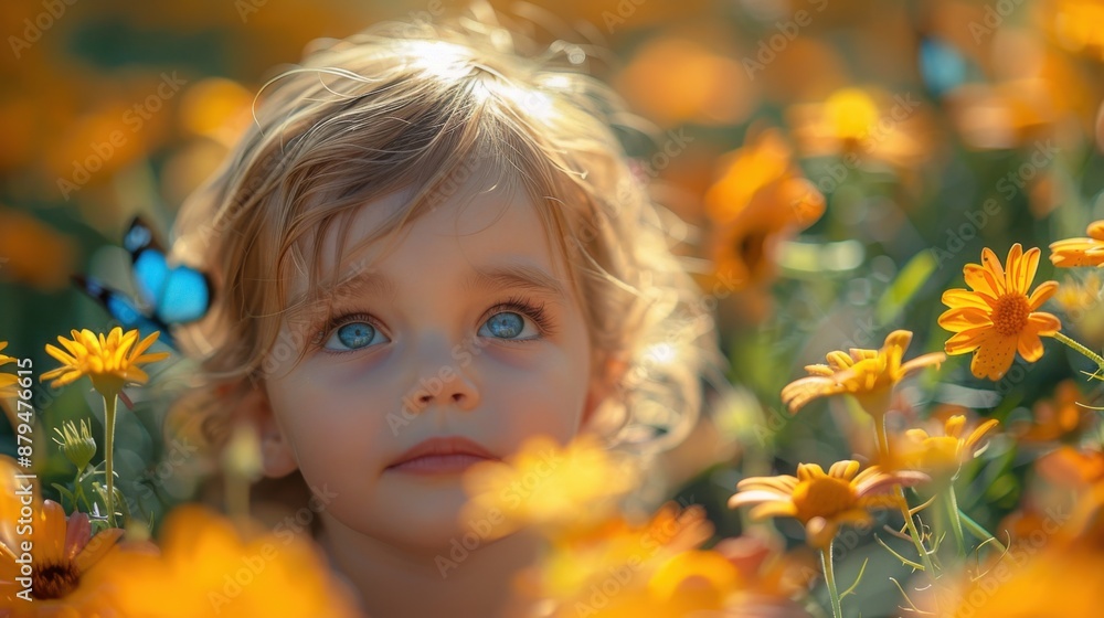 Exploring Joy: Child Playing Among Vibrant Flowers with Butterflies on Sunny Day - Canon EOS R5 Photography Exploring Joy: Child Playing Among Vibrant Flowers with Butterflies on Sunny Day - Canon EOS R5 Photography