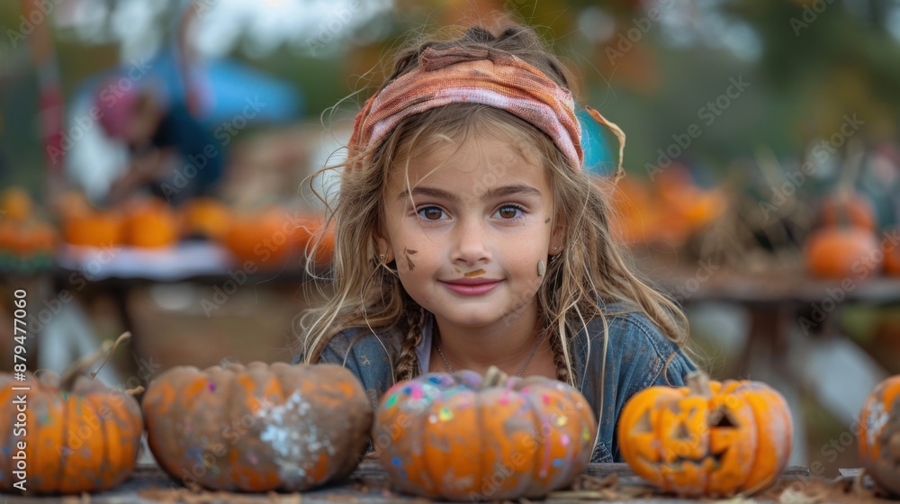 Fototapeta premium Child Painting Pumpkins at Joyful Fall Festival - Creative and Cheerful Photography with Nikon D780