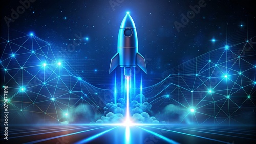 Abstract blue neon rocket takes off into outer space amidst technological background, symbolizing career boost and innovative futuristic progressions unfolding.