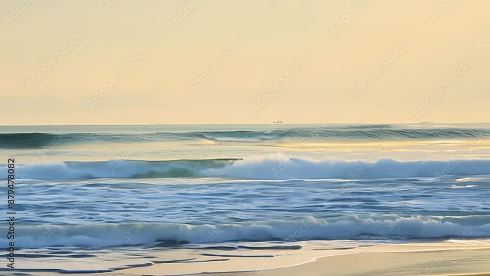Gentle Ocean Waves Crashing on Sandy Beach at Sunrise Gentle Ocean Waves Crashing on Sandy Beach at Sunrise