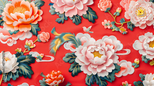 Chinese painting peony traditional Chinese tide flower embroidery illustration pattern background
