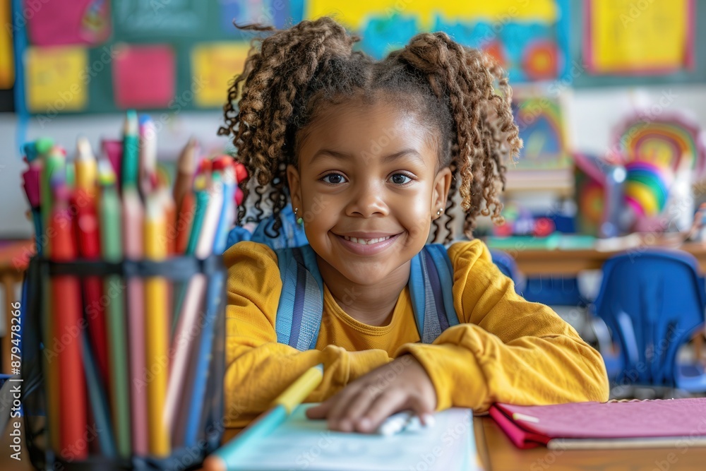 Smiling student girl sitting at desk with colorful pens and pencils Smiling student girl sitting at desk with colorful pens and pencils