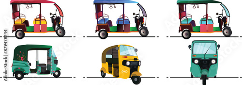 Set of Three wheelers yellow and green auto rickshaw, Tuk tuk Indian rickshaw, side view illustrations in India