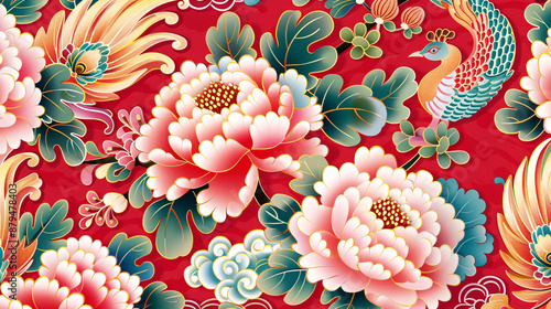 Chinese painting peony traditional Chinese tide flower embroidery illustration pattern background
