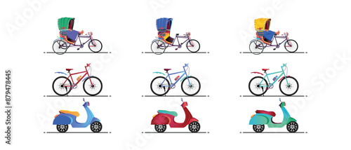 A set of Two wheelers, Bicycle scooter and rickshaw illustrations Bangladeshi Rickshaw art Tri cycle of Dhaka city