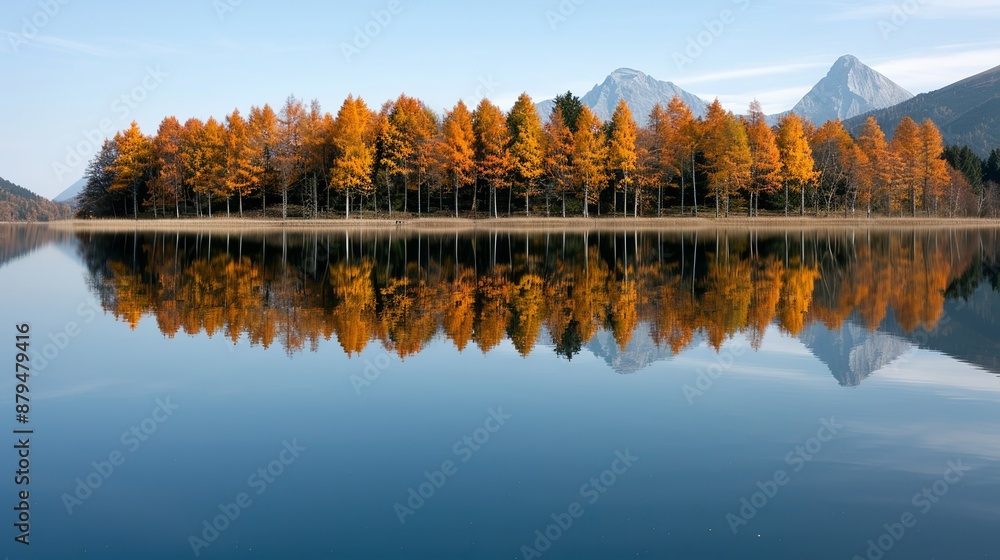 Obraz premium Lake reflections capturing the vivid colors of the surrounding landscape in a mirror-like surface Illustration, Image, , Minimalism,