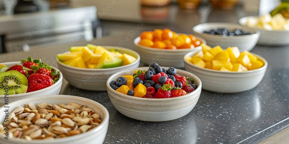 Assorted fruits and vegetables in bowls on counter some with nuts and seeds. Concept Healthy Eating, Nutrition, Food Styling, Fresh Ingredients, Plant-based Diet Assorted fruits and vegetables in bowls on counter some with nuts and seeds. Concept Healthy Eating, Nutrition, Food Styling, Fresh Ingredients, Plant-based Diet