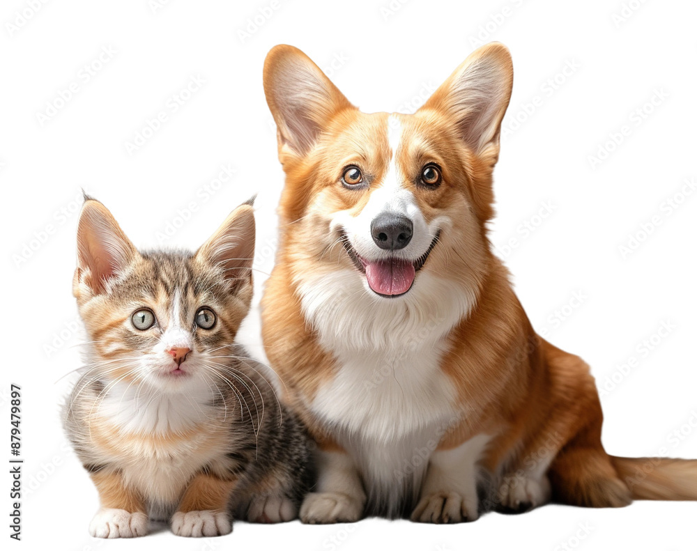 A cute dog and a cat together, isolated on blank background cutout. A cute dog and a cat together, isolated on blank background cutout.
