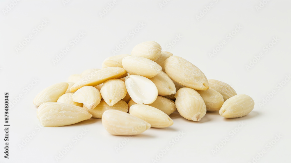 White blanched almond nuts on white background. Ideal for healthy eating, snacks, and nutrition concepts. White blanched almond nuts on white background. Ideal for healthy eating, snacks, and nutrition concepts.