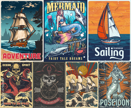 Ocean adventure colorful set posters