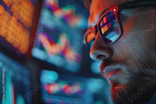 overtheshoulder view of a focused investor analyzing cryptocurrency and stock market data on multiple screens with graphs and charts reflecting off their glasses photo