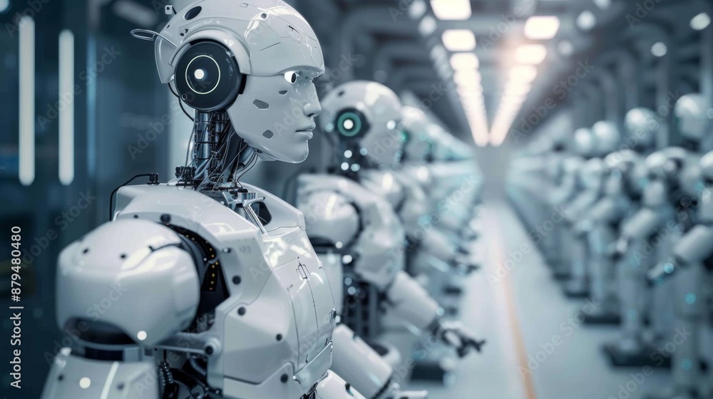 A team of robots working in a high-tech factory, showcasing advanced manufacturing techniques A team of robots working in a high-tech factory, showcasing advanced manufacturing techniques