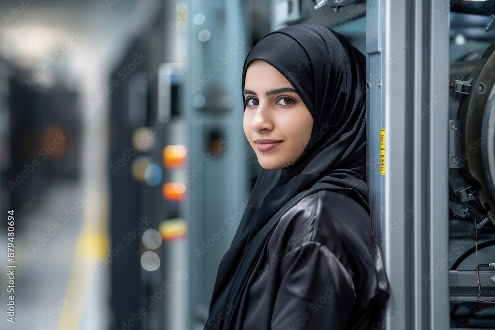 portrait of a skilled female engineer in traditional arabian attire confidently operating advanced machinery in a hightech automobile manufacturing facility portrait of a skilled female engineer in traditional arabian attire confidently operating advanced machinery in a hightech automobile manufacturing facility