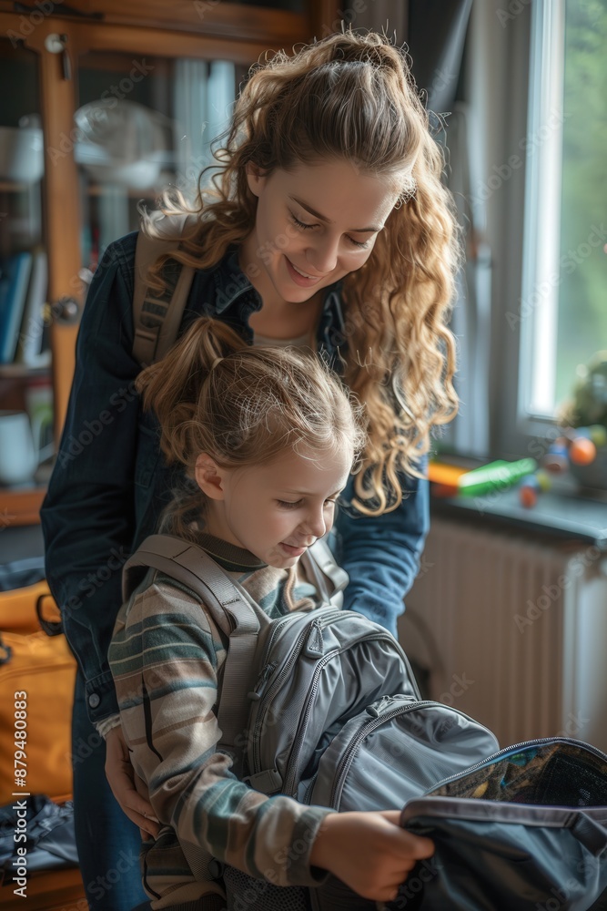 Smiling mother helping daughter packing school backpack at home Smiling mother helping daughter packing school backpack at home