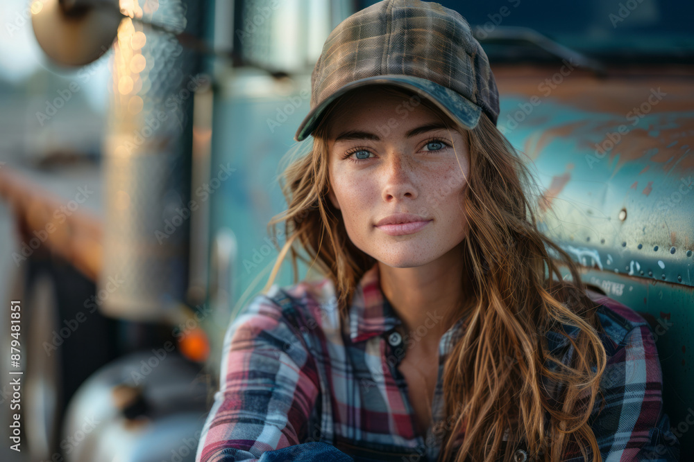 A female truck driver, in a flannel shirt and cap, leaning against her semi-truck, A female truck driver, in a flannel shirt and cap, leaning against her semi-truck,