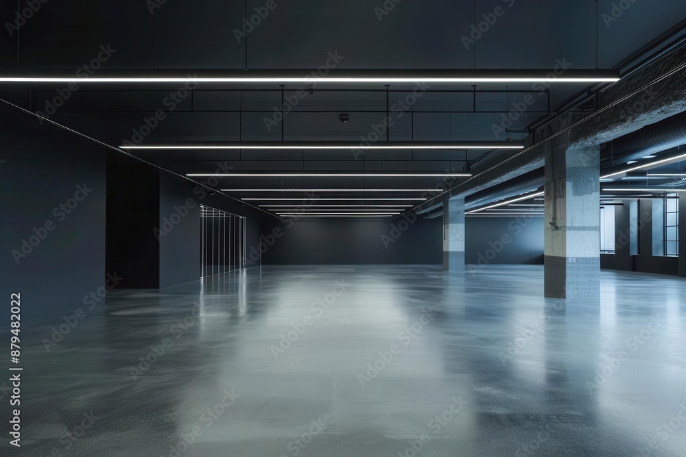 sleek industrial hall with striking led light installation minimalist gray walls contrast with glossy concrete floor creating a futuristic and spacious atmosphere sleek industrial hall with striking led light installation minimalist gray walls contrast with glossy concrete floor creating a futuristic and spacious atmosphere