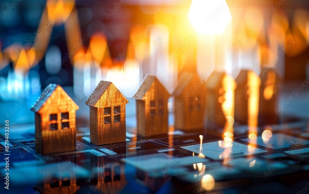 Small wooden houses with charts in the background, representing real estate market trends and investment opportunities at sunset. Small wooden houses with charts in the background, representing real estate market trends and investment opportunities at sunset.