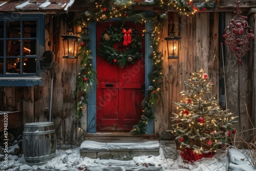 Rustic log cabin with a red door decorated for christmas, glowing lanterns and a christmas tree covered in snow