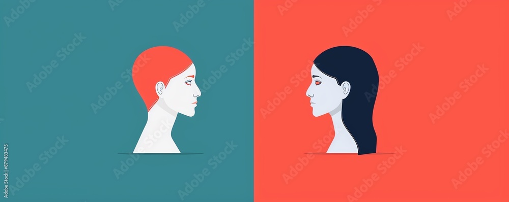 Two women face each other, one with red hair, one with black, in a blue and red background. Two women face each other, one with red hair, one with black, in a blue and red background.