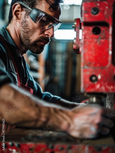 A man works on a machine in a factory setting