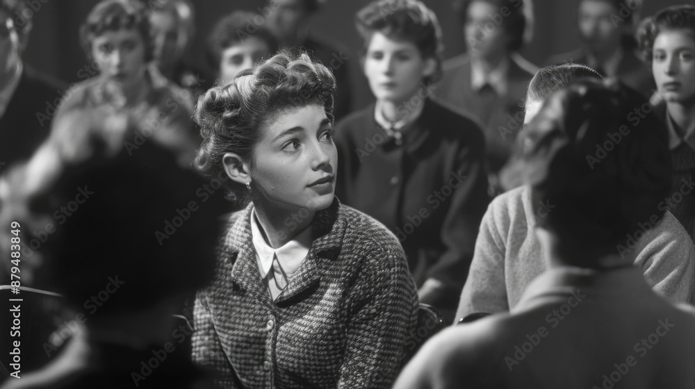A black and white photo of a woman surrounded by people, likely at an event or public gathering A black and white photo of a woman surrounded by people, likely at an event or public gathering