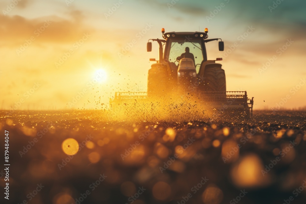 A tractor stands alone in a field during sunset, with rolling hills and a blue sky A tractor stands alone in a field during sunset, with rolling hills and a blue sky