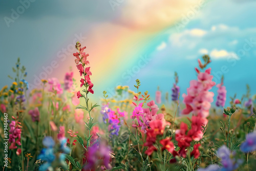 Generative ai on theme of beautiful tranquil landscape with magical bright rainbow at cloudy sky