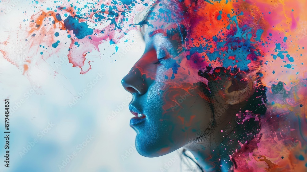 Side profile of a woman with vibrant, colorful paint splashes creating an abstract, artistic effect.
Side profile of a woman with vibrant, colorful paint splashes creating an abstract, artistic effect.
