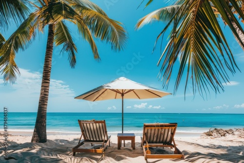 A serene tropical beach view featuring two lounge chairs and an umbrella under swaying palm trees  perfect for relaxing by the ocean on a sunny day.