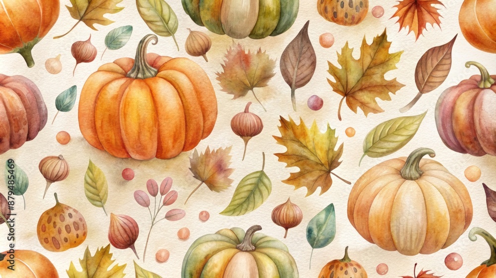 pattern with pumpkins, leaves, and acorns, flat design pattern with pumpkins, leaves, and acorns, flat design