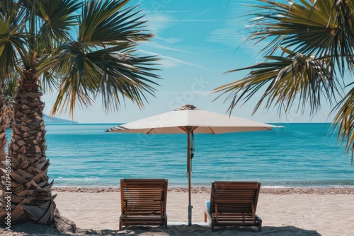 Two wooden lounge chairs are positioned under a beach umbrella on a quiet sandy shore, with palm trees and the clear blue ocean providing a serene and picturesque backdrop. © Milos