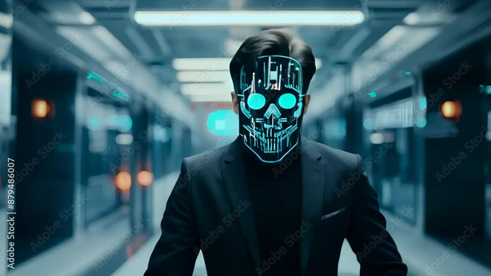 Man in a Skull Mask Walks Through a Modern Hallway Man in a Skull Mask Walks Through a Modern Hallway