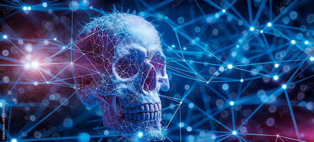 Human skull with futuristic network connections. Intersection of biology and technology with biotech and artificial intelligence. Cyber skull with connection nodes. Human skull with futuristic network connections. Intersection of biology and technology with biotech and artificial intelligence. Cyber skull with connection nodes.