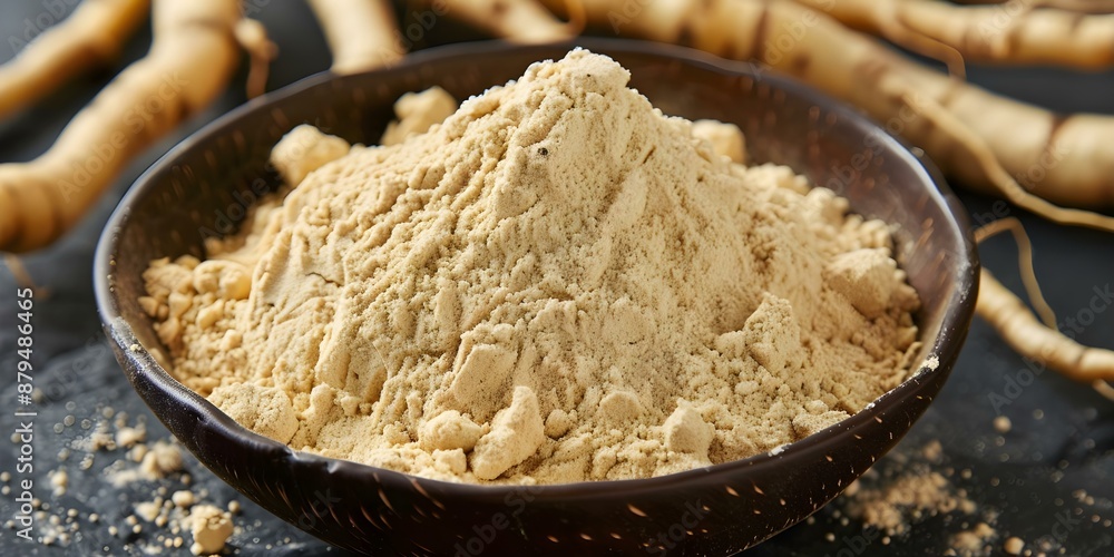 Heap of Isolated White Powder Peruvian Maca and Ginseng Root. Concept Natural Supplements, Superfood Powders, Herbal Ingredients Heap of Isolated White Powder Peruvian Maca and Ginseng Root. Concept Natural Supplements, Superfood Powders, Herbal Ingredients