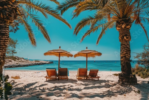 Wallpaper Mural An inviting beach setup featuring two sets of wooden lounge chairs under straw umbrellas amidst tall palm trees, facing the crystal blue sea, creating a serene escape. Torontodigital.ca