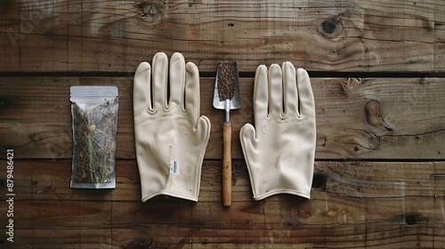Wallpaper Mural A minimalist flat lay of a single pair of gardening gloves, a small trowel, and a packet of seeds on a wooden table Torontodigital.ca