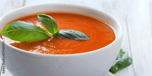 Bowl of tomato soup with leafy green garnish on a table. Concept food photography, tomato soup, leafy greens, table setting, vibrant colors